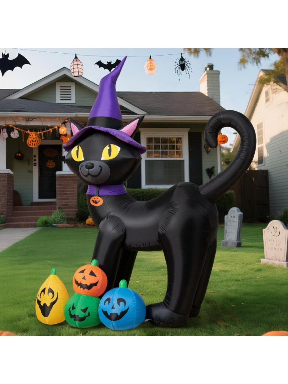 6FT Inflatable Black Cat with Witch Hat & Colorful Pumpkins - LED Yard Decor